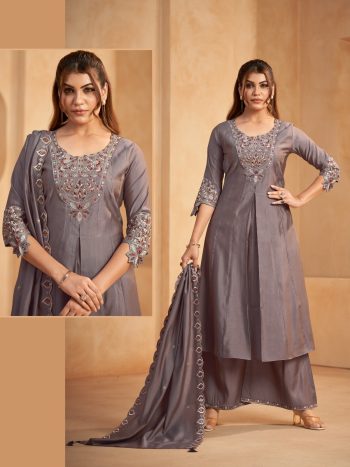 Steel Grey Embroidered Cotton 3 Piece Set